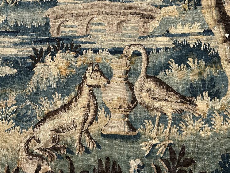 Large Aubusson Tapestry Landscape Greenery Fable Fox Stork Birds 18th