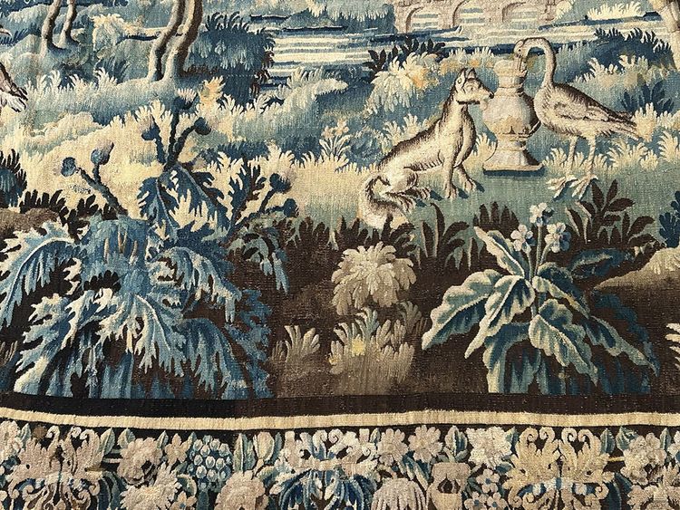 Large Aubusson Tapestry Landscape Greenery Fable Fox Stork Birds 18th