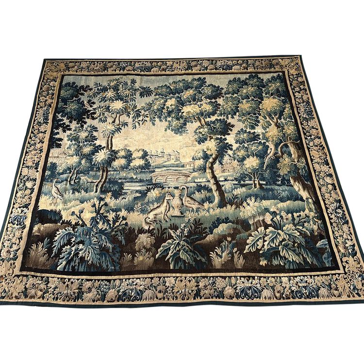 Large Aubusson Tapestry Landscape Greenery Fable Fox Stork Birds 18th