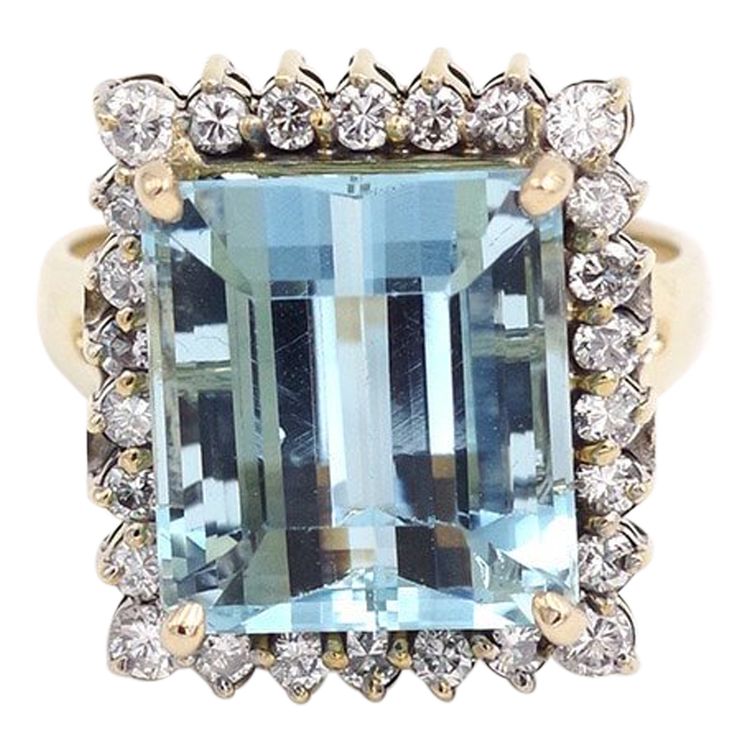 Vintage Aquamarine Cluster Ring 18k Gold Diamond, Cocktail Ring, 2.6 Cts, Vintage Jewelry