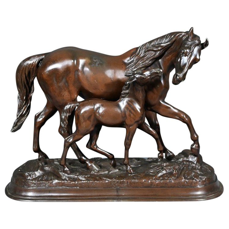 Horse and its Foal in Spelter, signed E.Loiseau – Early 20th century