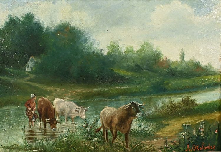 Oil on Canvas “Pastures” by N. Okolowicz – Early 20th Century