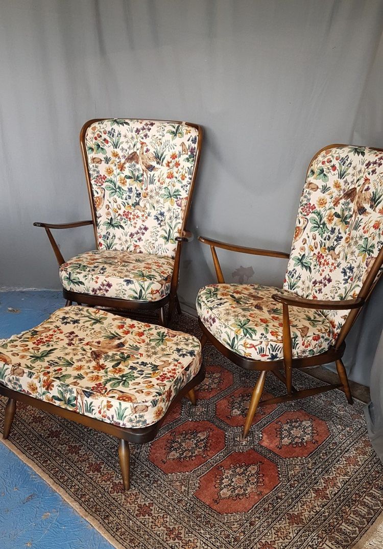 Pair of Windsor Armchairs and Ottoman by Lucian Ercolani for Ercol