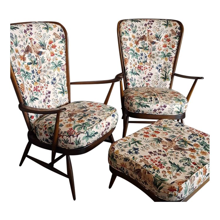 Pair of Windsor Armchairs and Ottoman by Lucian Ercolani for Ercol