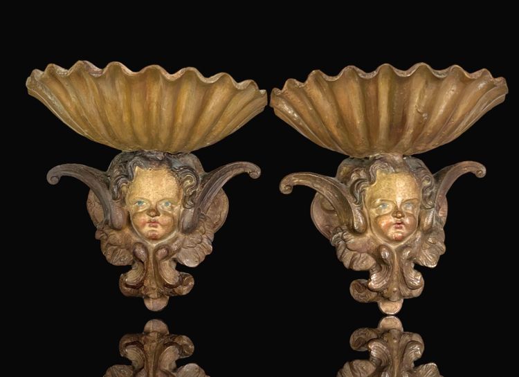 PAIR OF OLD 19TH CENTURY PATINA PLASTER STOOLS WITH WINGED CHERISH DECOR