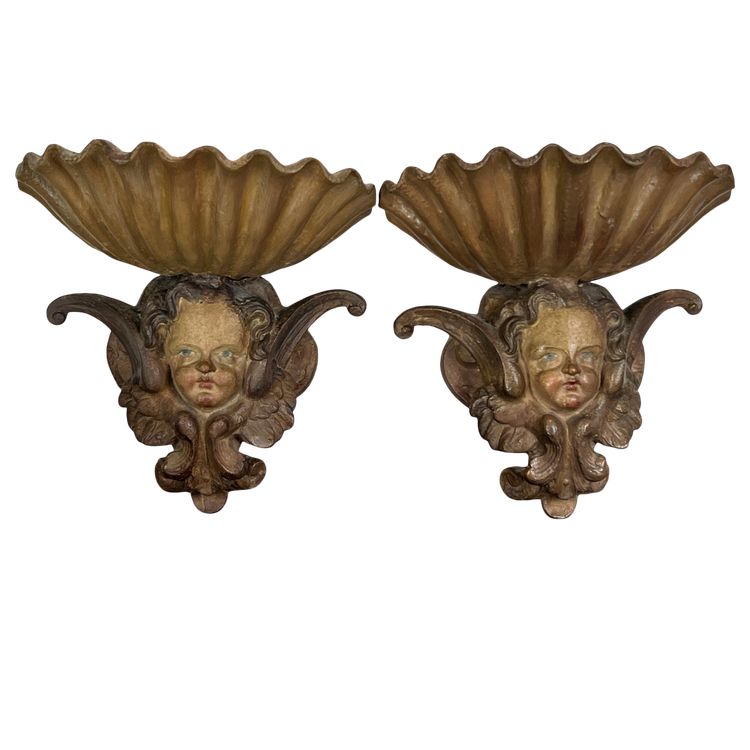 PAIR OF OLD 19TH CENTURY PATINA PLASTER STOOLS WITH WINGED CHERISH DECOR