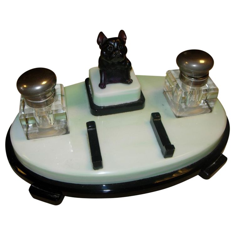 Glass paste inkwell with a small dog - Art Deco period