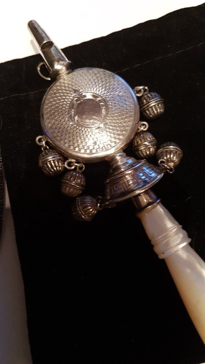 Silver Nurse's Rattle - Mother-of-Pearl Handle - 19th century