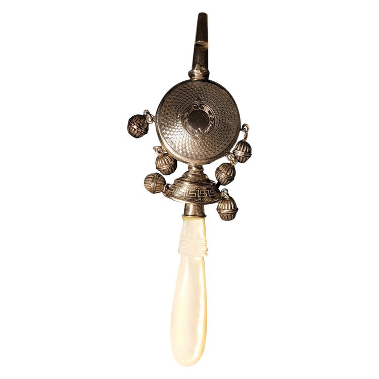 Silver Nurse's Rattle - Mother-of-Pearl Handle - 19th century