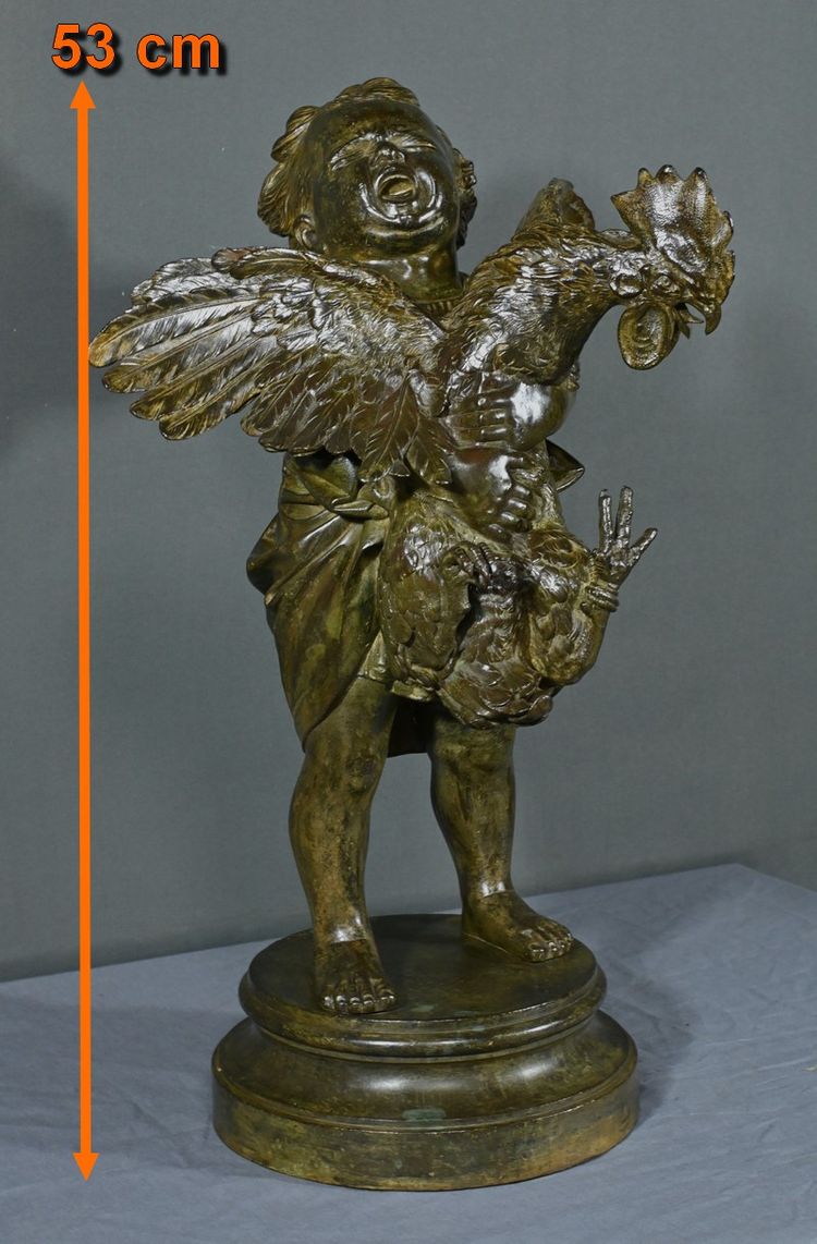 Important Bronze “The Child with the Rooster” after A. Cecioni – Late 19th century