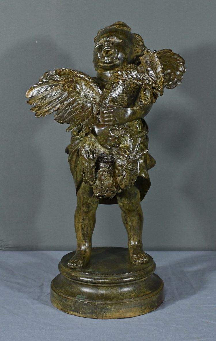 Important Bronze “The Child with the Rooster” after A. Cecioni – Late 19th century