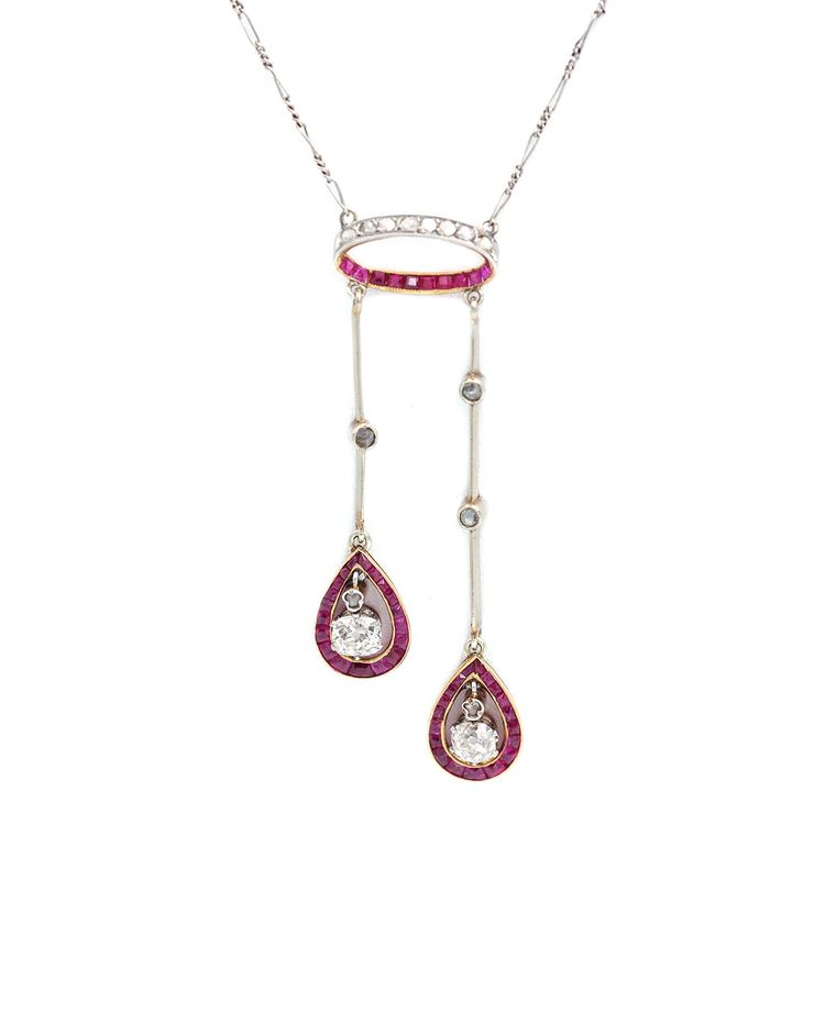 Art Deco Negligee Ruby Diamond Necklace In 18k Gold And Platinum, Old Cut Diamonds