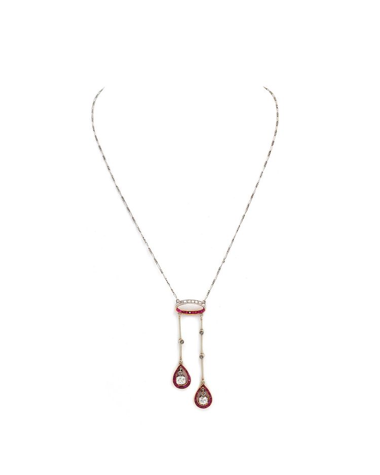 Art Deco Negligee Ruby Diamond Necklace In 18k Gold And Platinum, Old Cut Diamonds