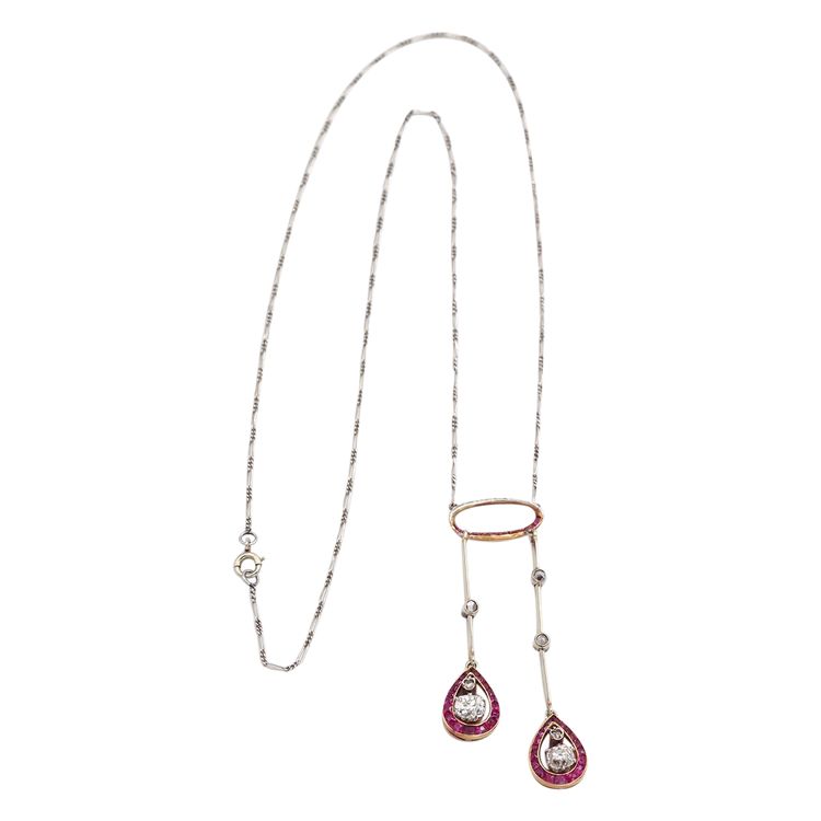 Art Deco Negligee Ruby Diamond Necklace In 18k Gold And Platinum, Old Cut Diamonds