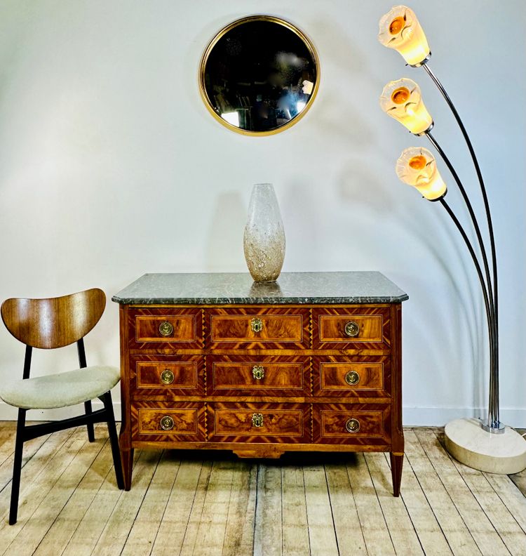 Louis XVI style chest of drawers with marquetry, marble top, 19th century