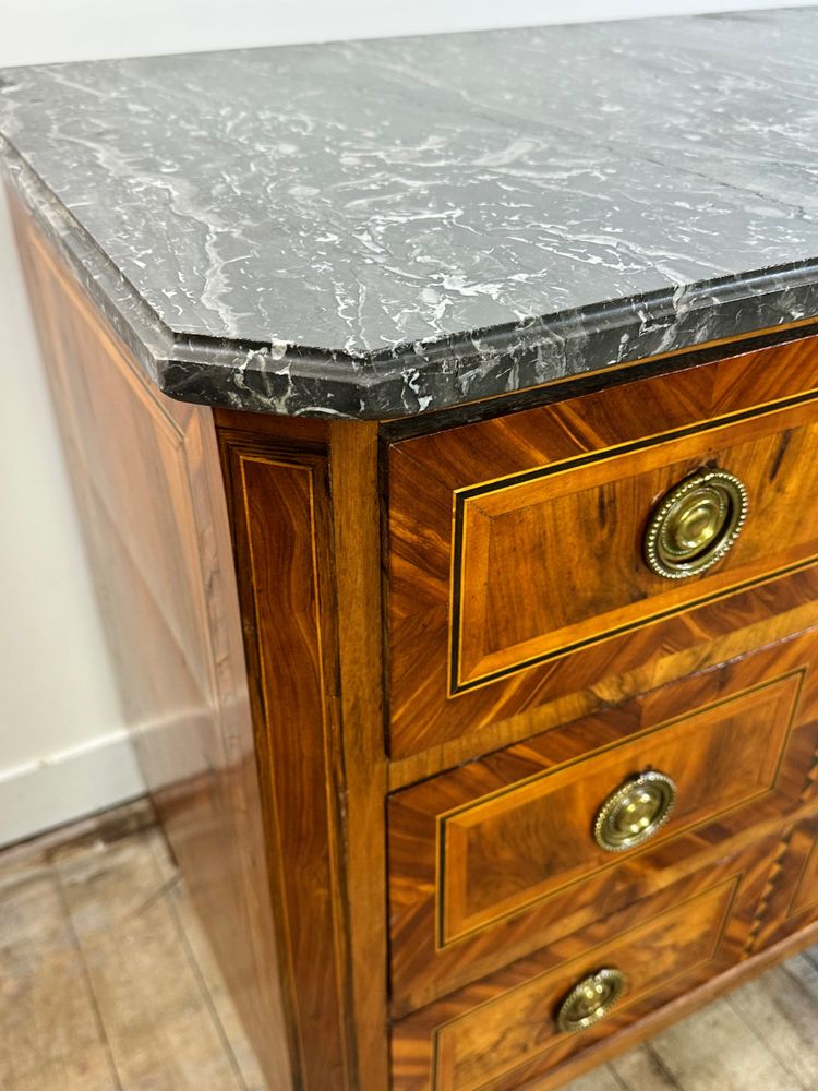 Louis XVI style chest of drawers with marquetry, marble top, 19th century