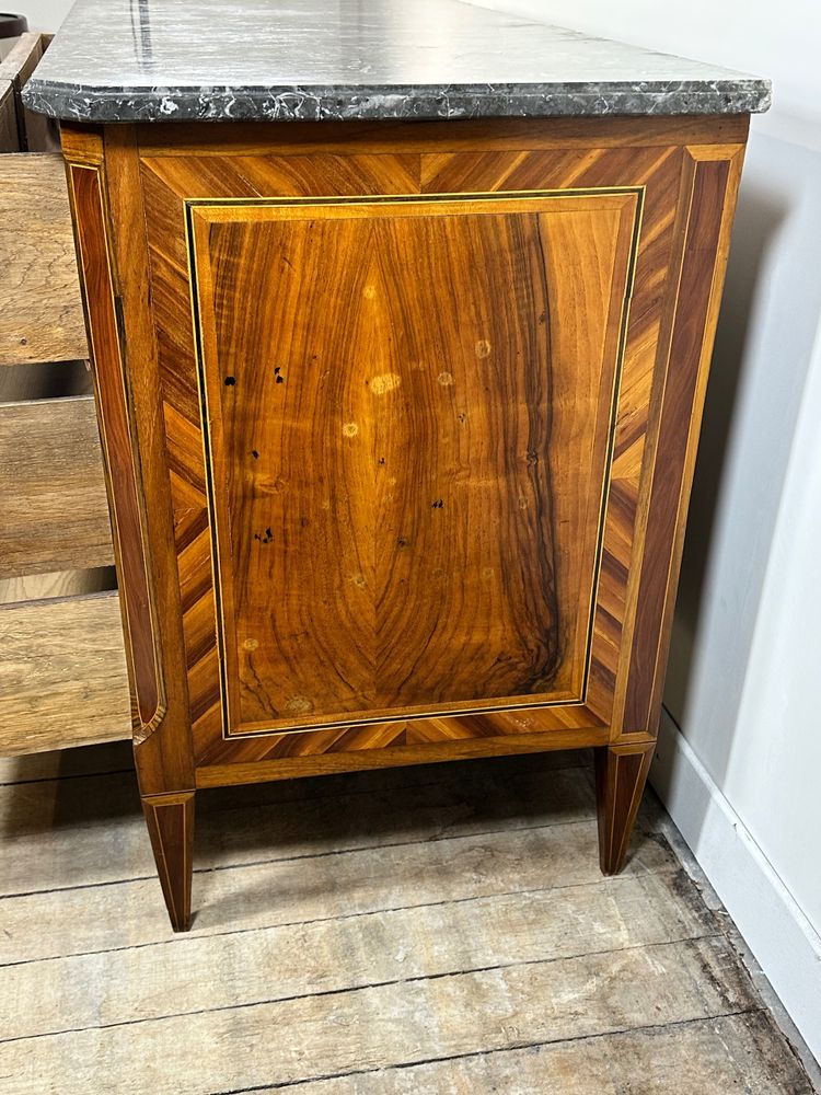 Louis XVI style chest of drawers with marquetry, marble top, 19th century