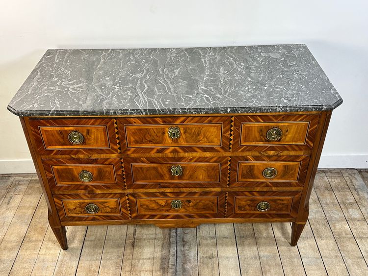 Louis XVI style chest of drawers with marquetry, marble top, 19th century