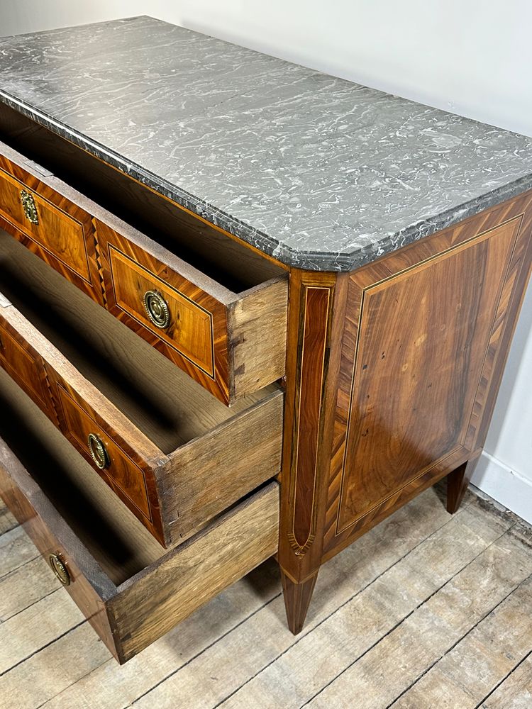 Louis XVI style chest of drawers with marquetry, marble top, 19th century