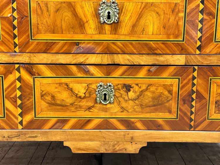 Louis XVI style chest of drawers with marquetry, marble top, 19th century