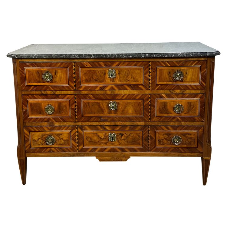 Louis XVI style chest of drawers with marquetry, marble top, 19th century