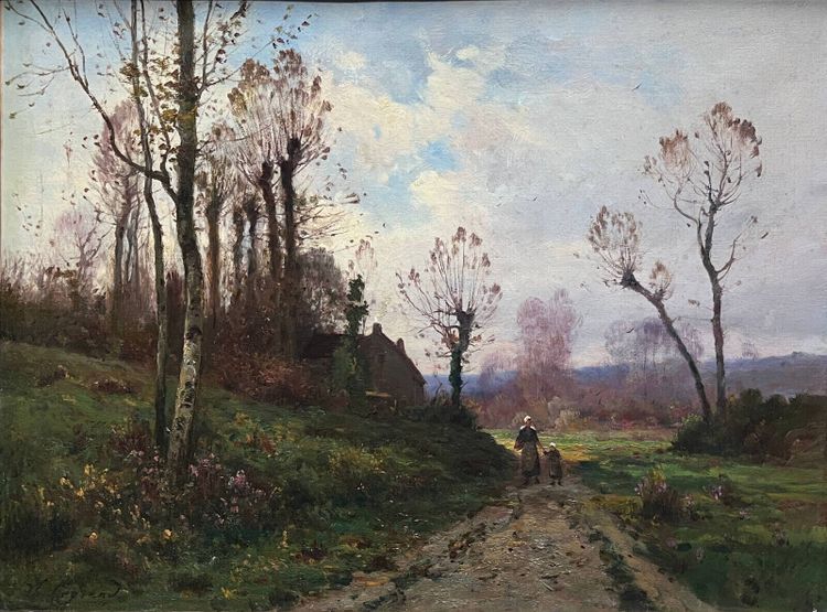 Painting by Théodore Legrand (born in 1853, died in 1897) representing a lively landscape at dusk