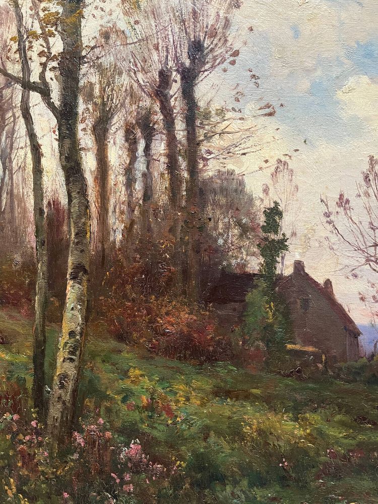 Painting by Théodore Legrand (born in 1853, died in 1897) representing a lively landscape at dusk