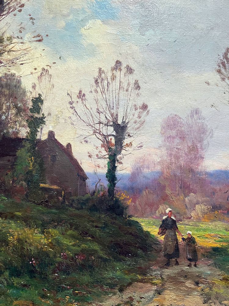 Painting by Théodore Legrand (born in 1853, died in 1897) representing a lively landscape at dusk