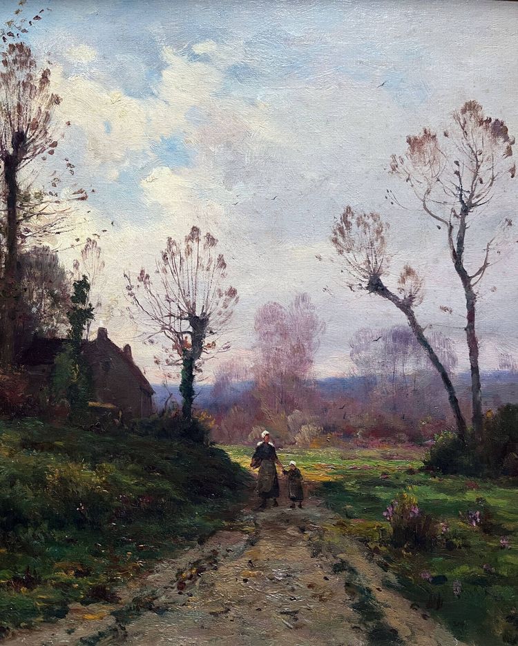 Painting by Théodore Legrand (born in 1853, died in 1897) representing a lively landscape at dusk