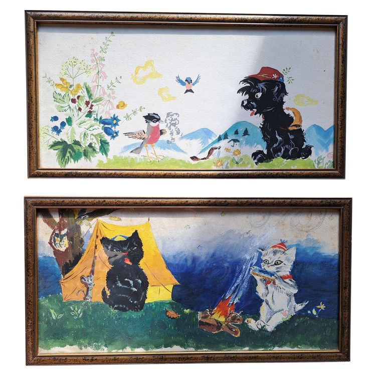 In the Spirit of Pierre Probst, Cats, pair of gouaches, 20th century.