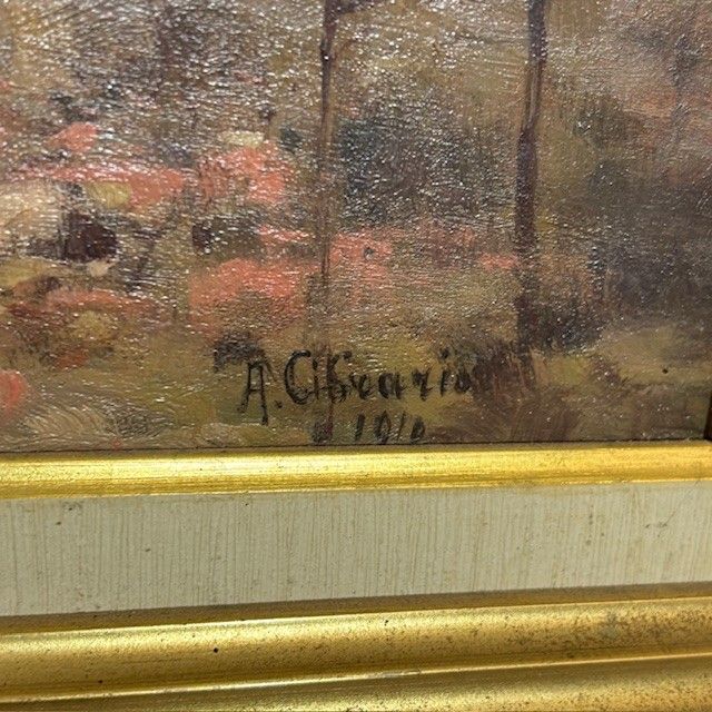 Ancient Painting Landscape Oil on board Alberto Cibrario 1910 Turin . Size 62