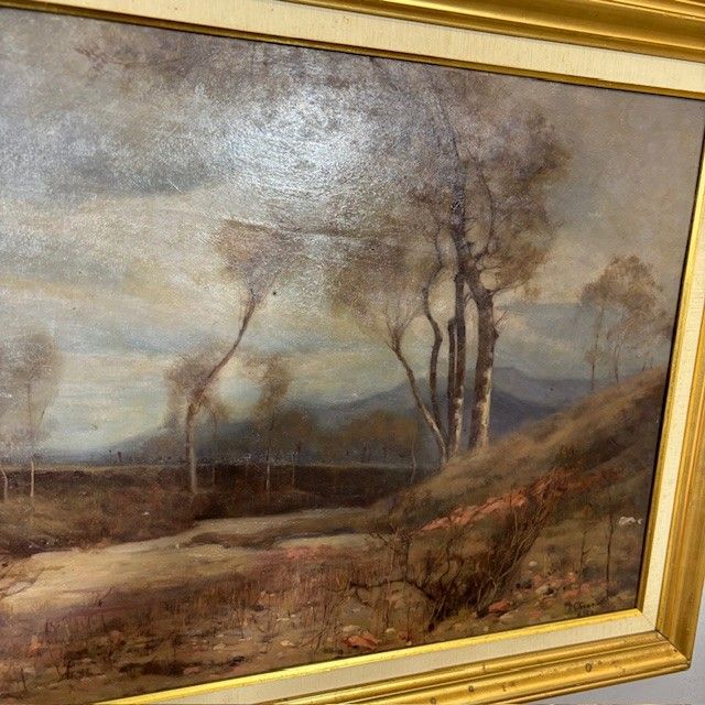 Ancient Painting Landscape Oil on board Alberto Cibrario 1910 Turin . Size 62