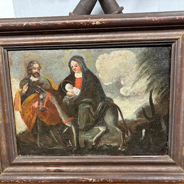 Antique oil painting Flight into Egypt XVII century Italian school. Size 36 x 26