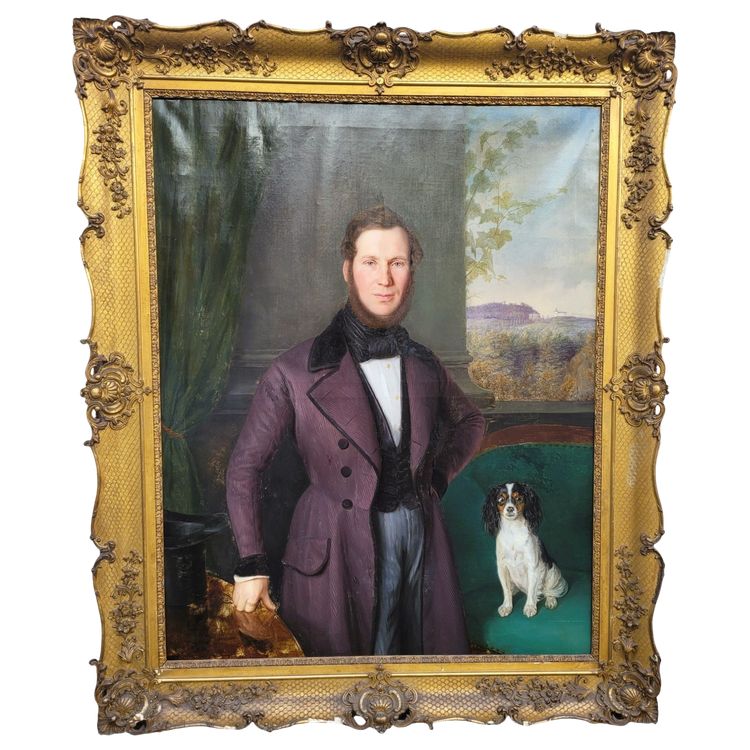 Portrait of a Gentleman and His Dog (h160cm), Framed Hst, 19th Century