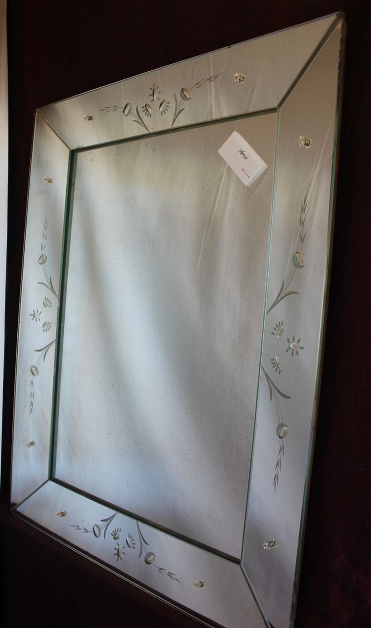 57 X 75 Cm Rectangular Venetian Mirror with Sloping Sides and Etched Glass