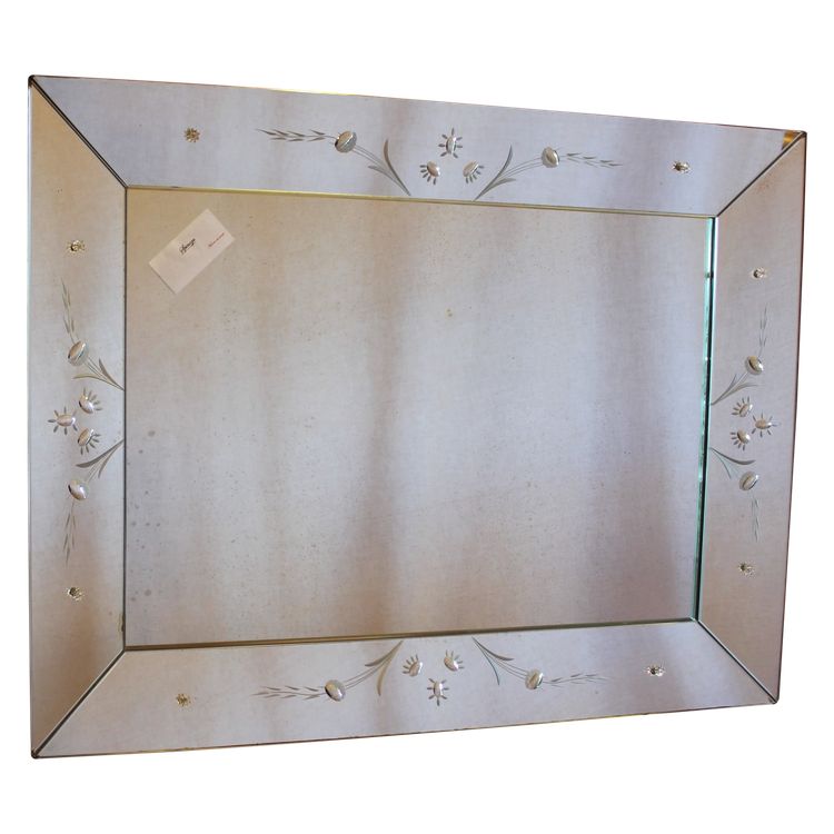 57 X 75 Cm Rectangular Venetian Mirror with Sloping Sides and Etched Glass