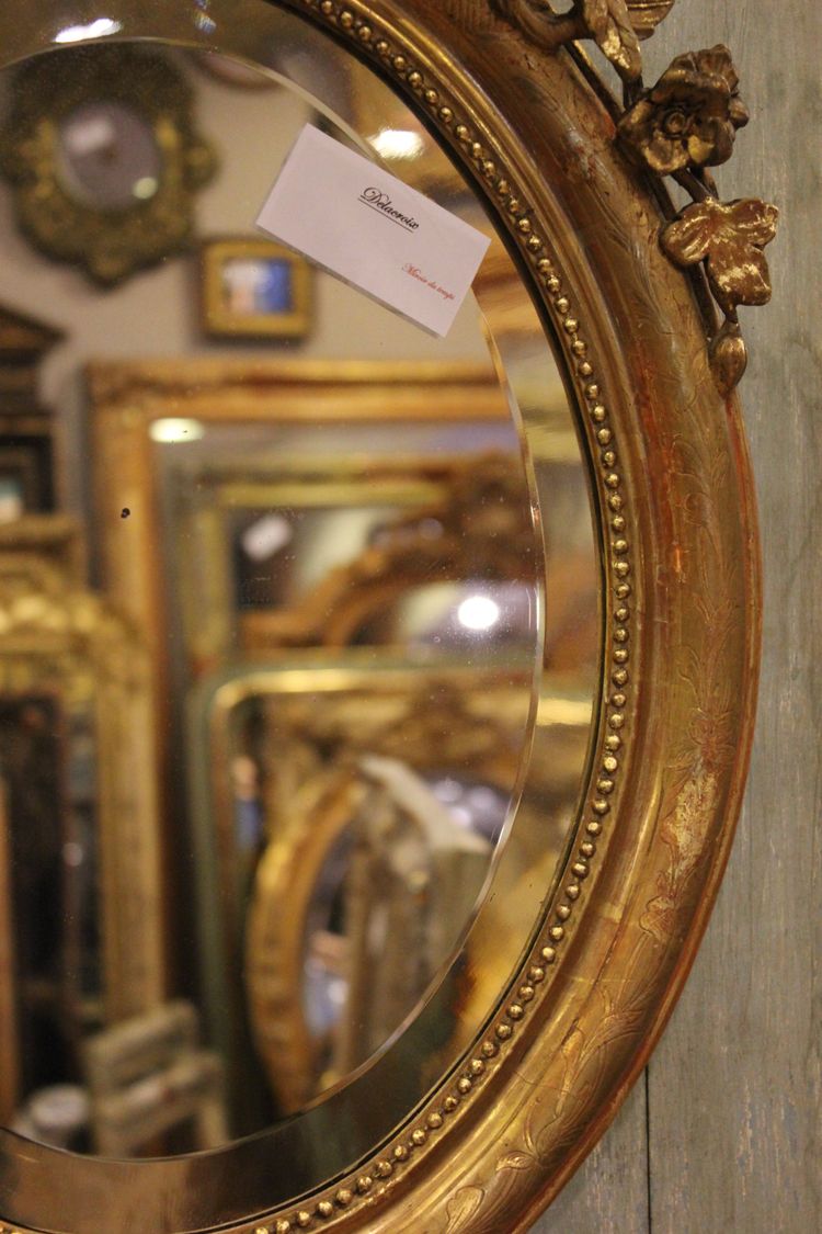 44 X 58 Cm Napoleon III Pearl Oval Mirror, Gold Leaf And Beveled Glass