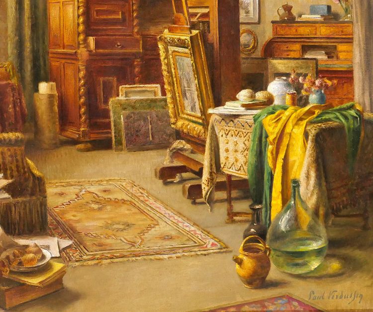 Paul Verdussen 1868-1944 The painter's studio, interior, painting, circa 1900, Belgium