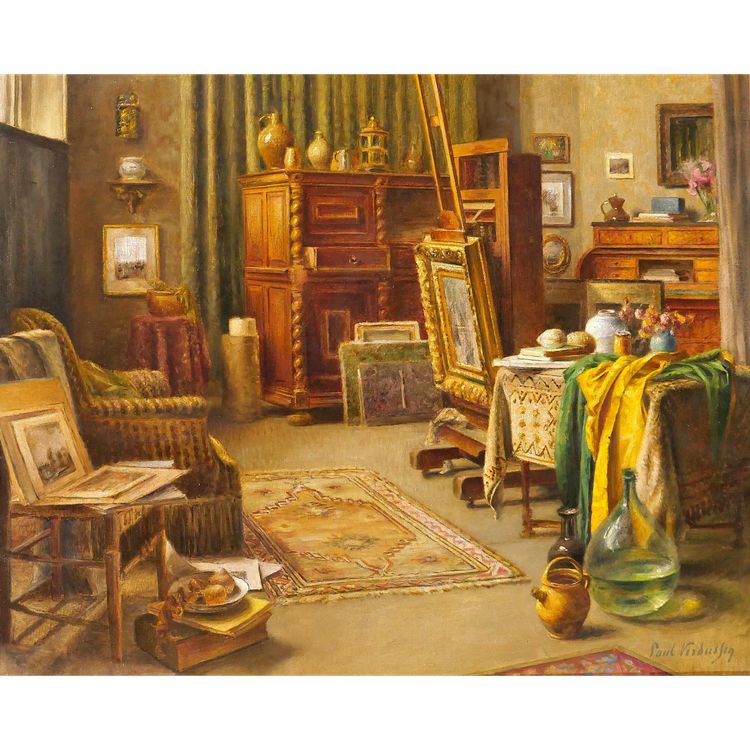 Paul Verdussen 1868-1944 The painter's studio, interior, painting, circa 1900, Belgium