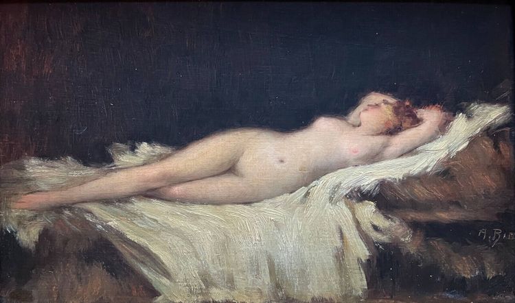 Painting 19th century Nude lying on a white sheet, languid Venus asleep A. Bin