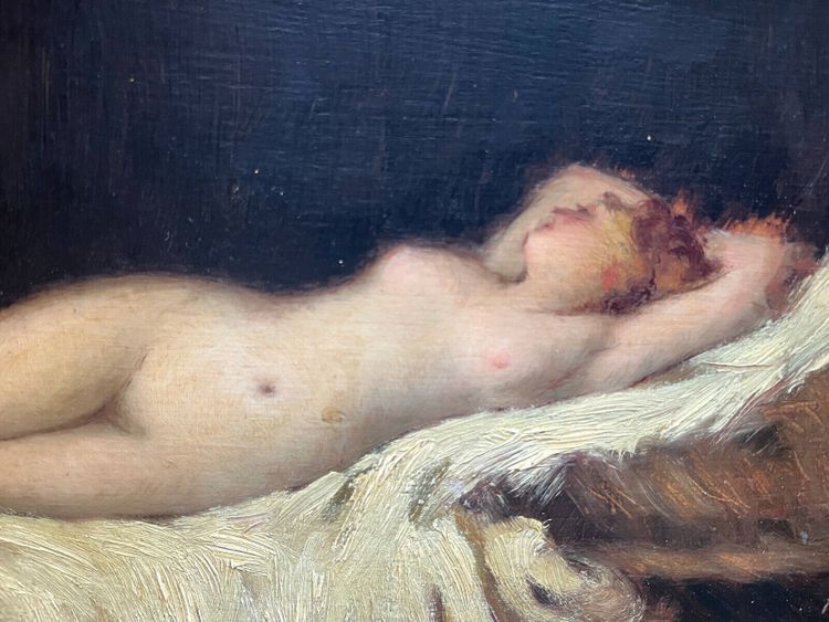 Painting 19th century Nude lying on a white sheet, languid Venus asleep A. Bin