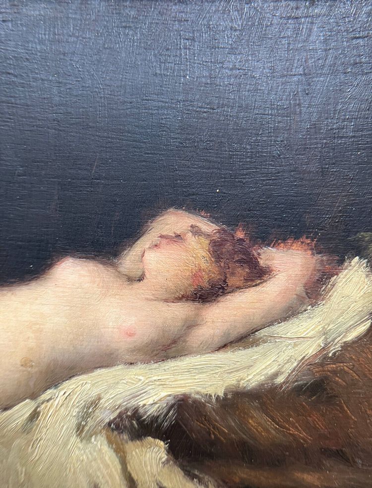 Painting 19th century Nude lying on a white sheet, languid Venus asleep A. Bin