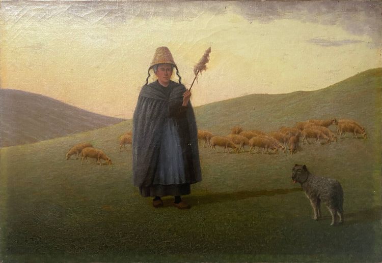 HST 19th century painting Shepherd with sheep and dog in the mountain pasture signed A. Trefois