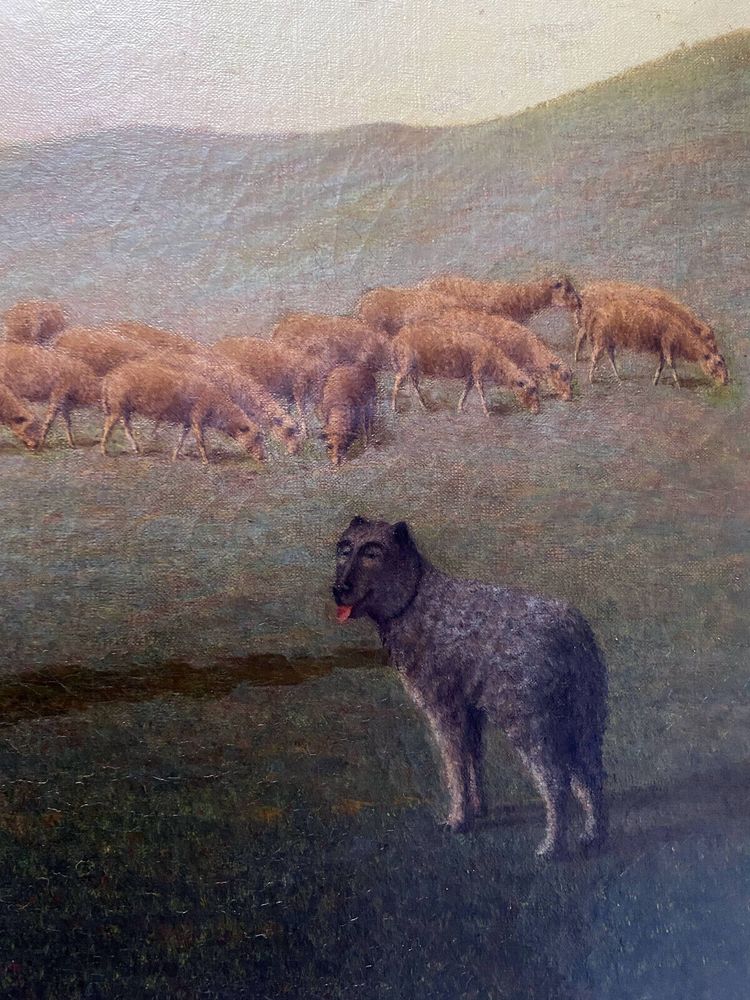 HST 19th century painting Shepherd with sheep and dog in the mountain pasture signed A. Trefois