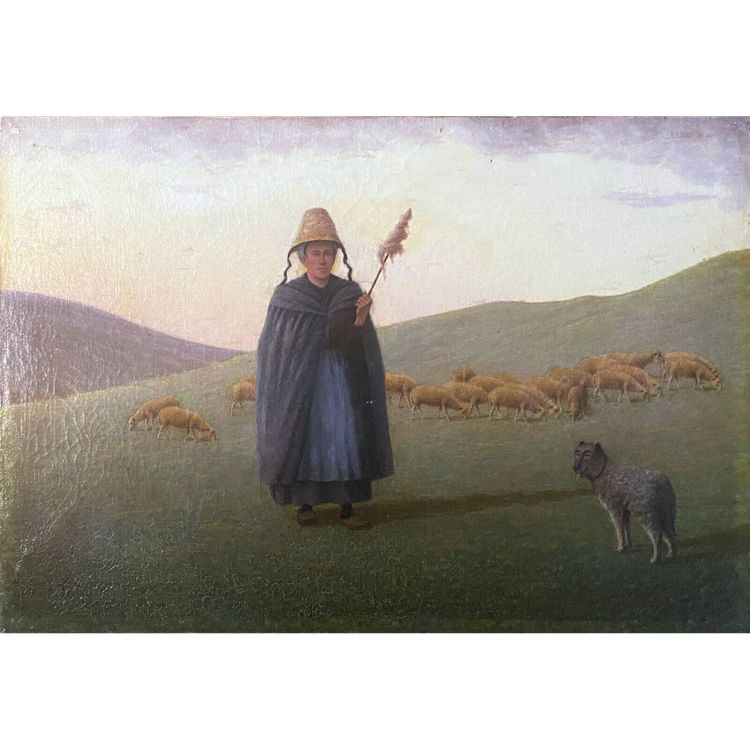 HST 19th century painting Shepherd with sheep and dog in the mountain pasture signed A. Trefois