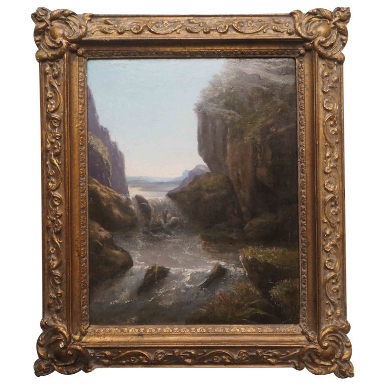 19th century painting Twilight mountain landscape with torrent + frame