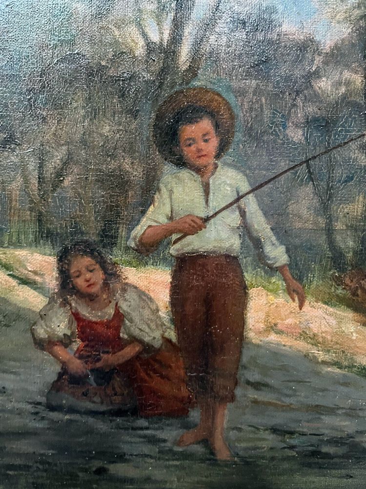 Oil painting on canvas (19th/20th century) Children fishermen in the undergrowth