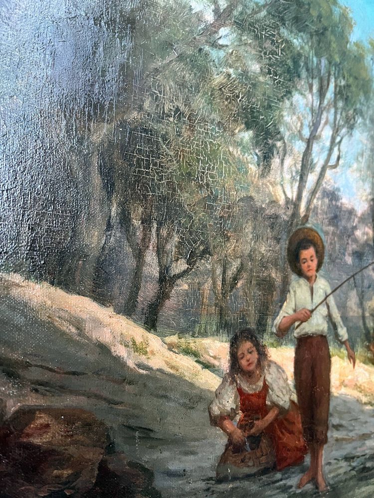 Oil painting on canvas (19th/20th century) Children fishermen in the undergrowth