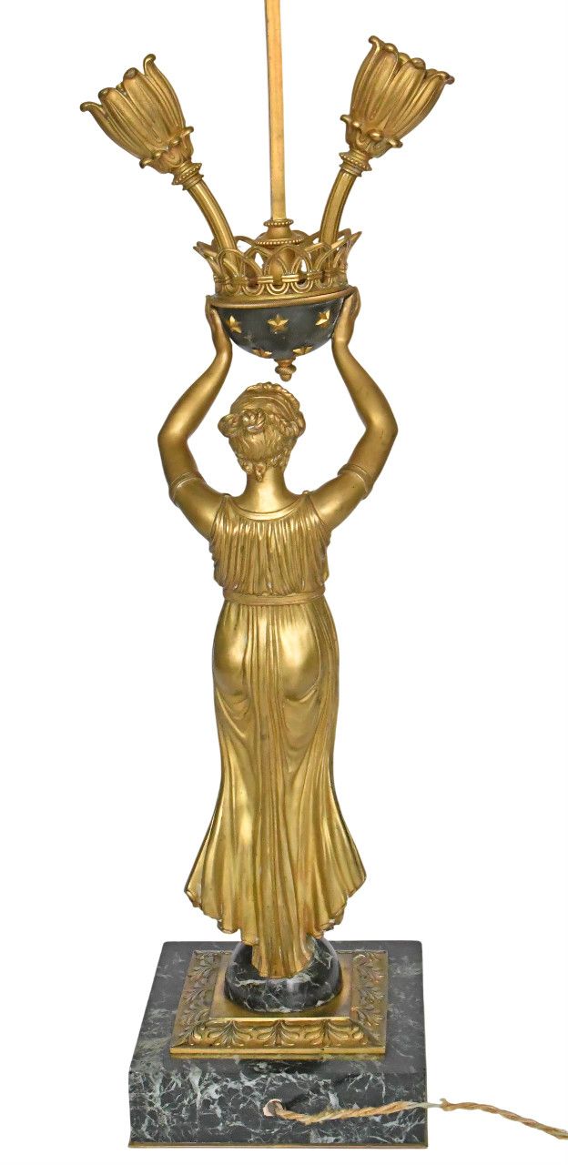 Empire style gilt bronze and marble lamp representing a caryatid