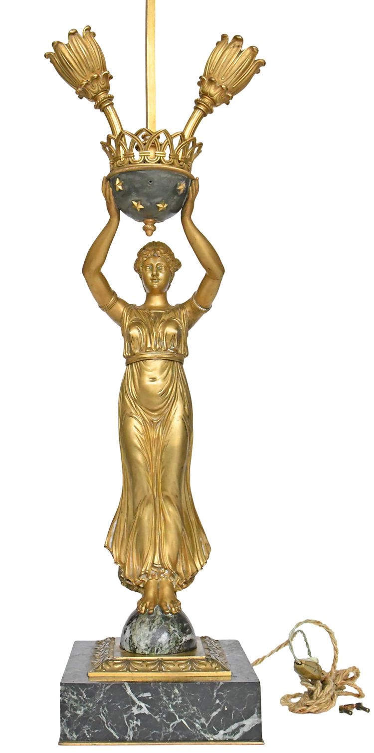 Empire style gilt bronze and marble lamp representing a caryatid